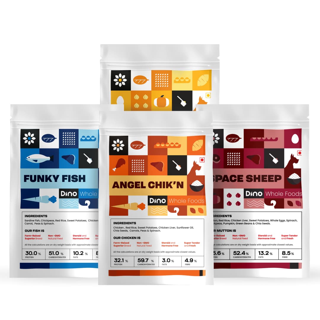 Chicken dog food with mutton, fish & egg recipe combo packs